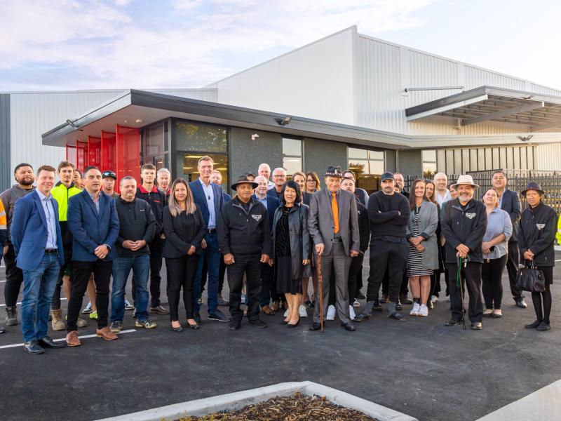 Steel & Tube Hamilton Roofing opening, joined by Ngāti Māhanga, Fosters Construction, The Roofing Specialists, and Chalmers Properties.